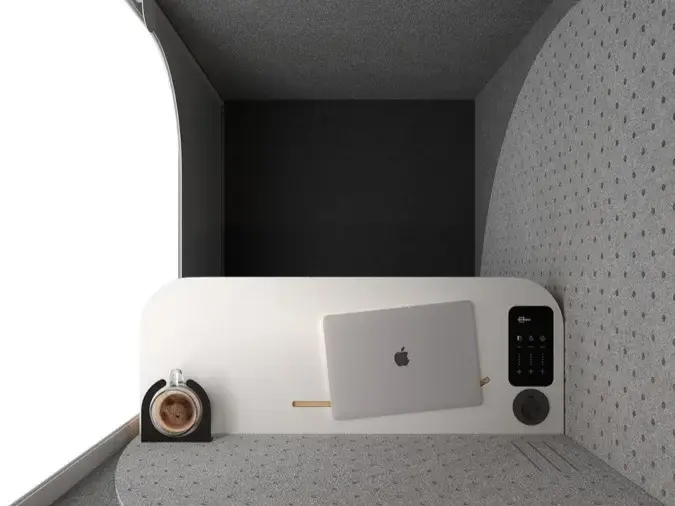 DOT acoustic booth — top view into the interior of the single-person office cabin