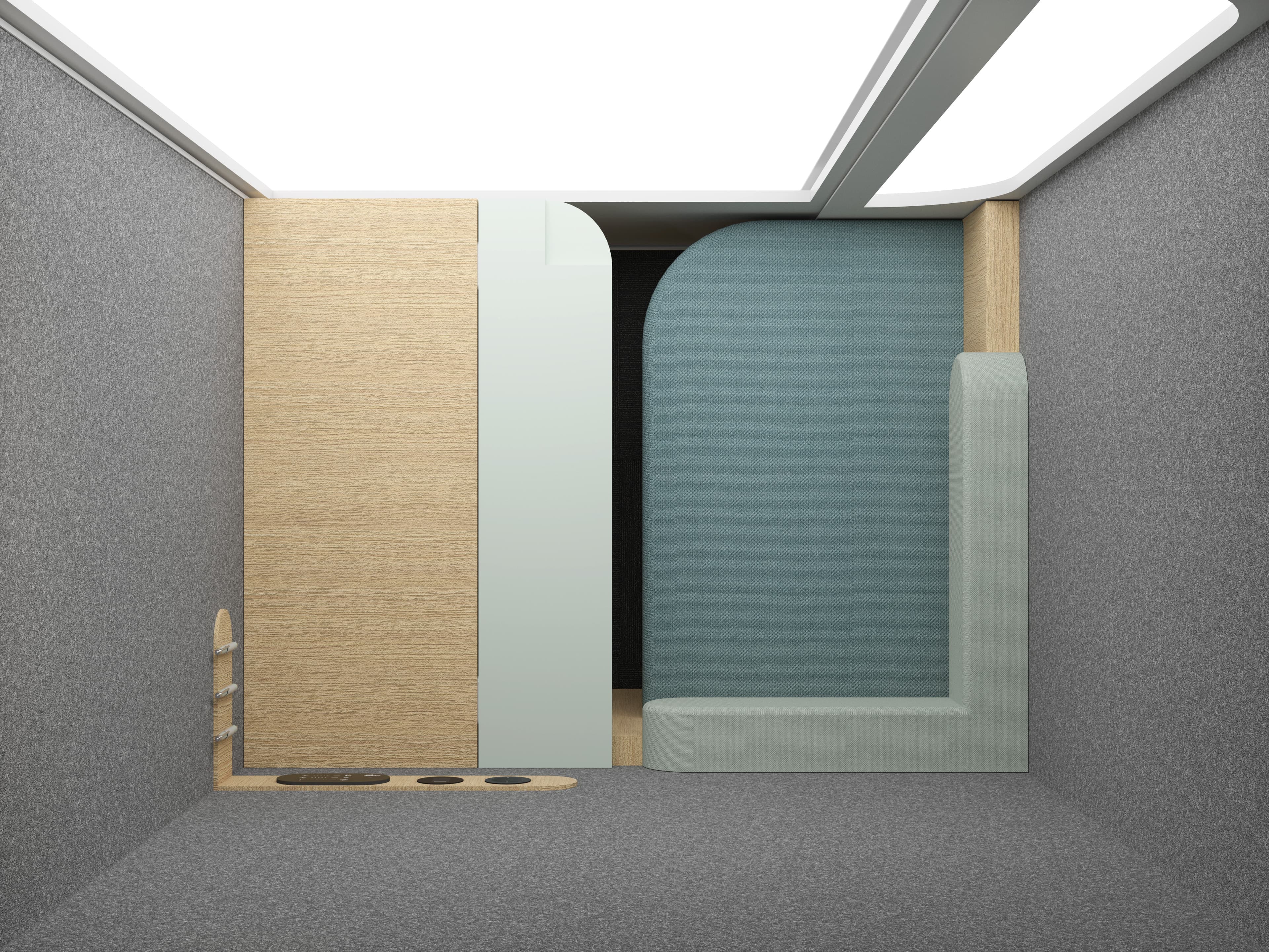DOT Plus acoustic cabin — top view of the extended desk and ergonomic seat