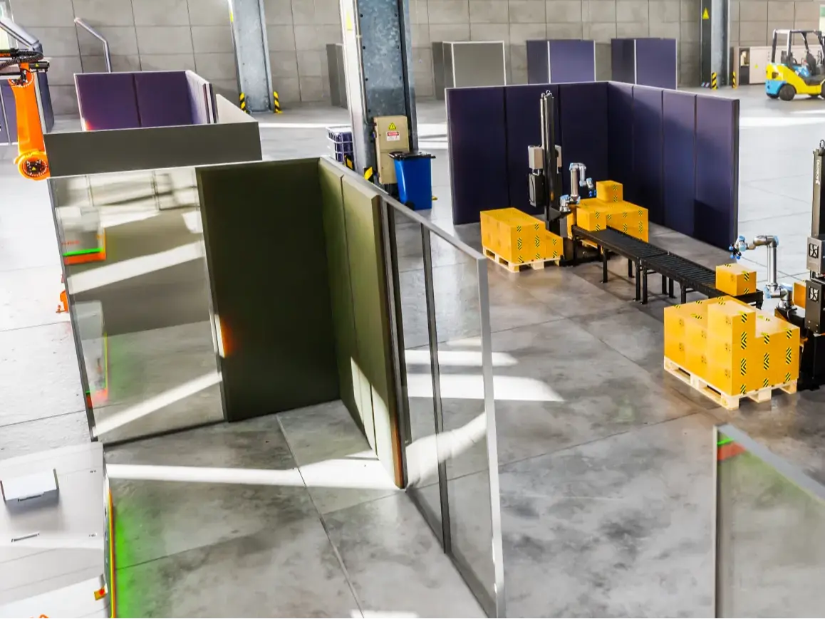 Smart Wall Industrietrennwände — Visualisierung der Maschinenkapselung in der Produktionshalle